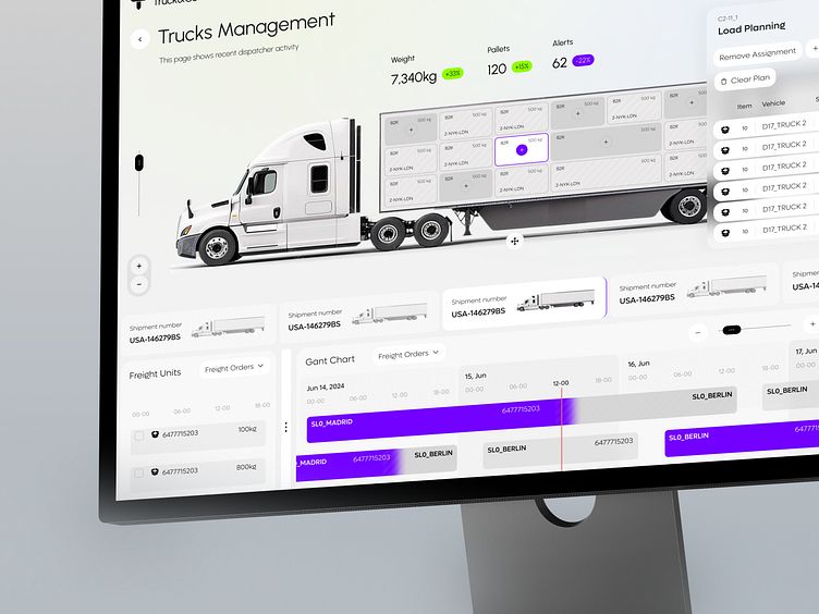 Modernes Logistik-Dashboard für Lkw-Management und Ladeplanung auf einem Monitor.